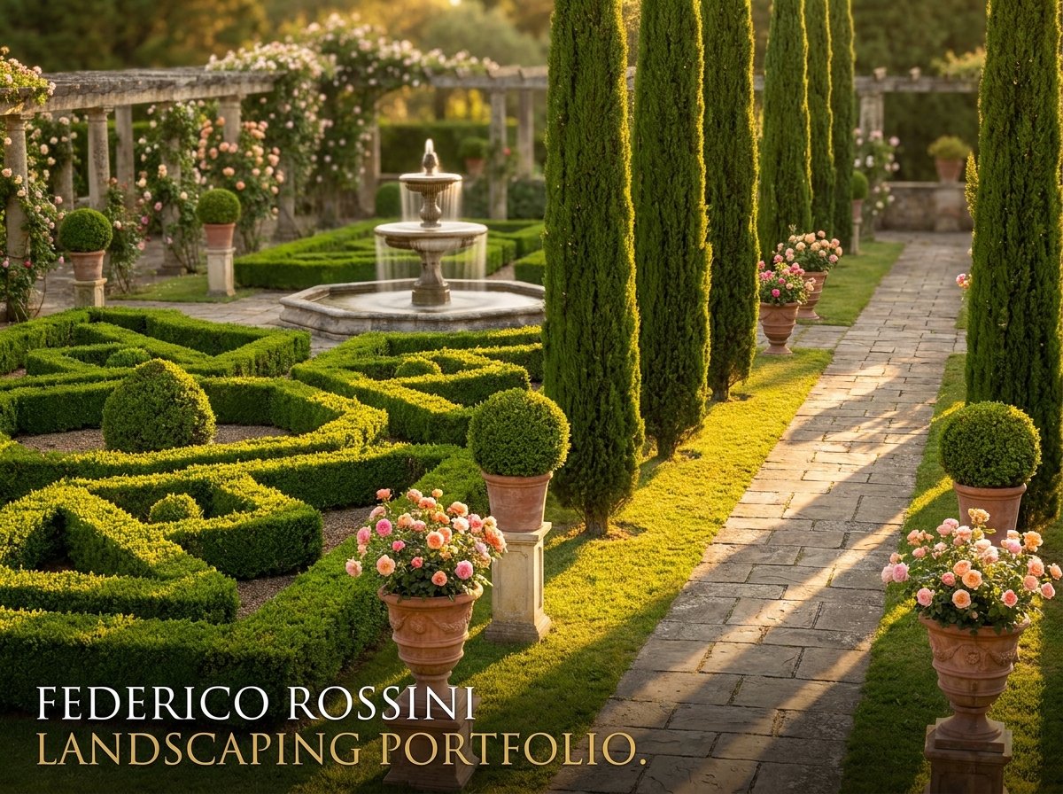 Giardino formale italiano con parterre di bossi, cipressi e fontana in pietra